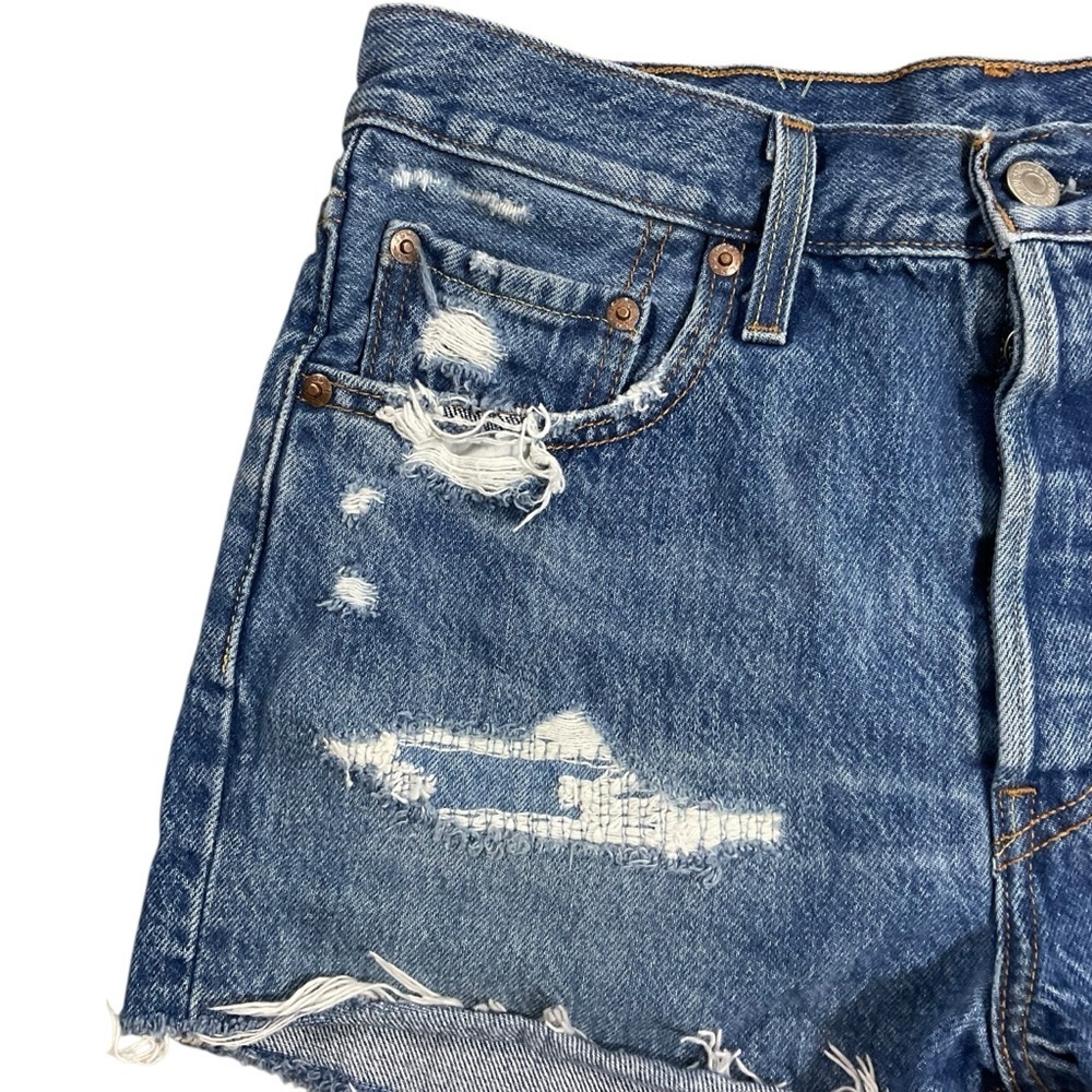 Levi’s Premium 501 High Rise Distressed Button Fly Denim Shorts Size 27 - Picture 3 of 10